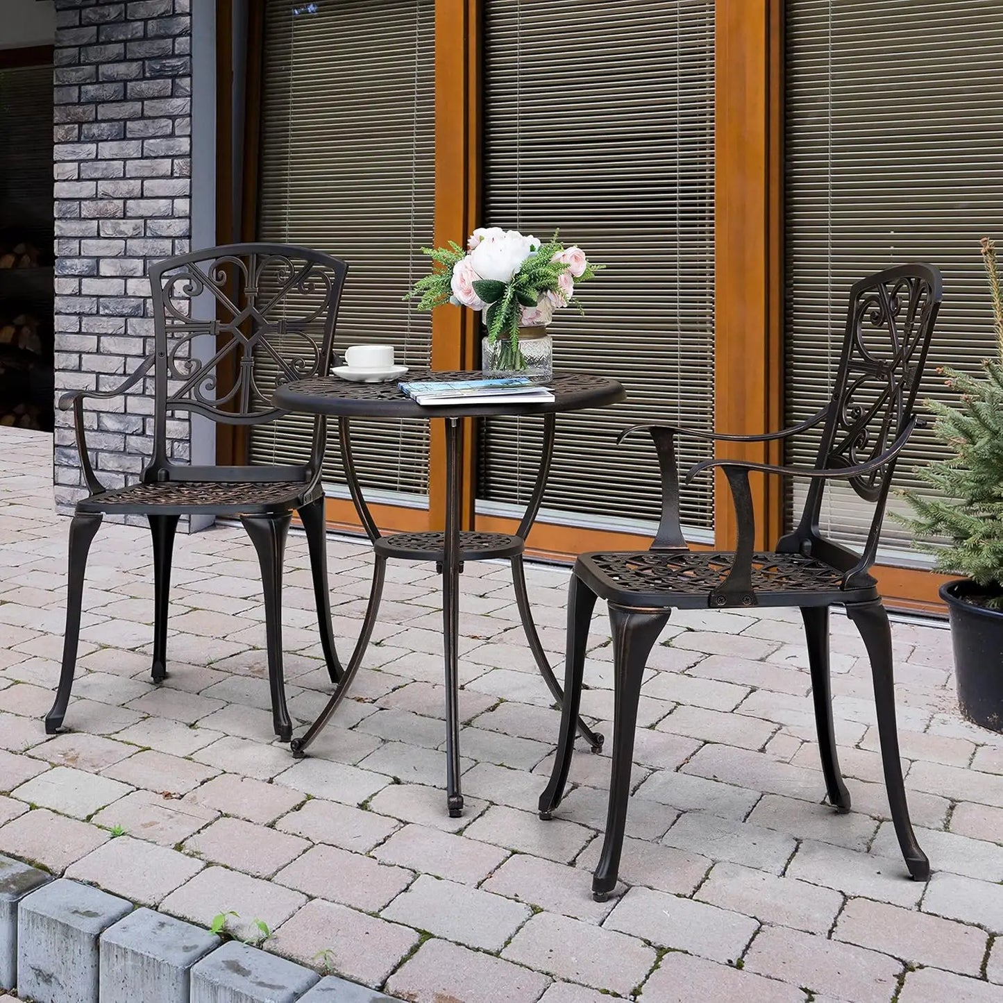 3 Piece Outdoor Bistro Set Cast Aluminum Patio Set Bistro Table Set Rustproof Patio Table and Chairs with Umbrella, Customized