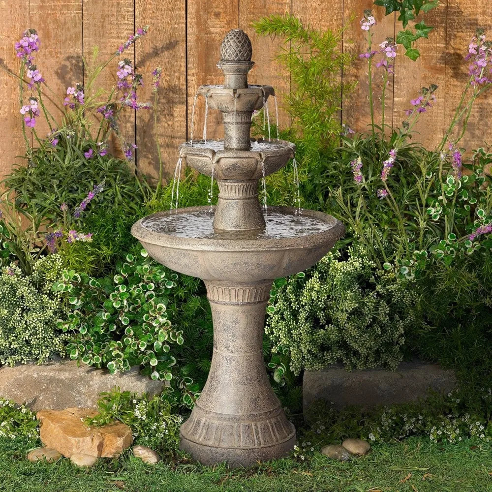 Louvre Italian Style 3 Tier Outdoor Floor Water Fountain with Light LED 44" High Gray Faux Stone Resin for Garden Patio Backyard