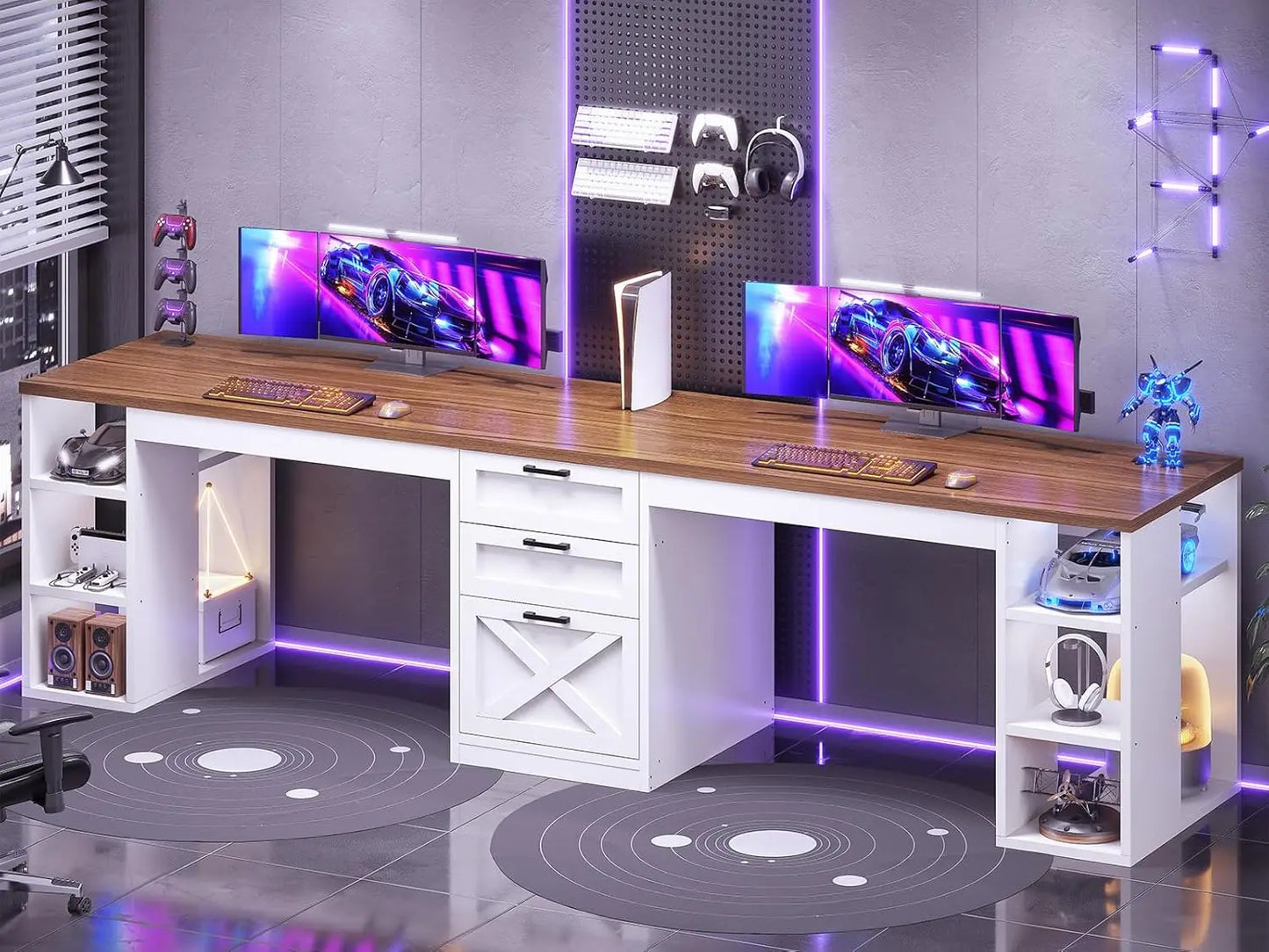 96.5" Computer Desk with Drawers,2 Person Home Office Desk,Gaming Double Desk with Storage Shelves, Long Two Person Writing Desk