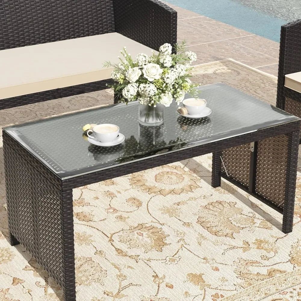 Premium 4-piece patio furniture set, wicker conversation set with 2 rattan chairs 1 loveseat 1 coffee table removable seat cushi