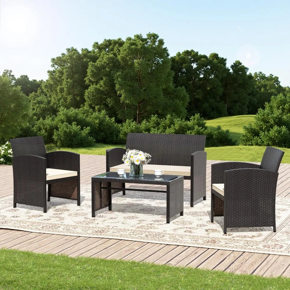 Premium 4-piece patio furniture set, wicker conversation set with 2 rattan chairs 1 loveseat 1 coffee table removable seat cushi