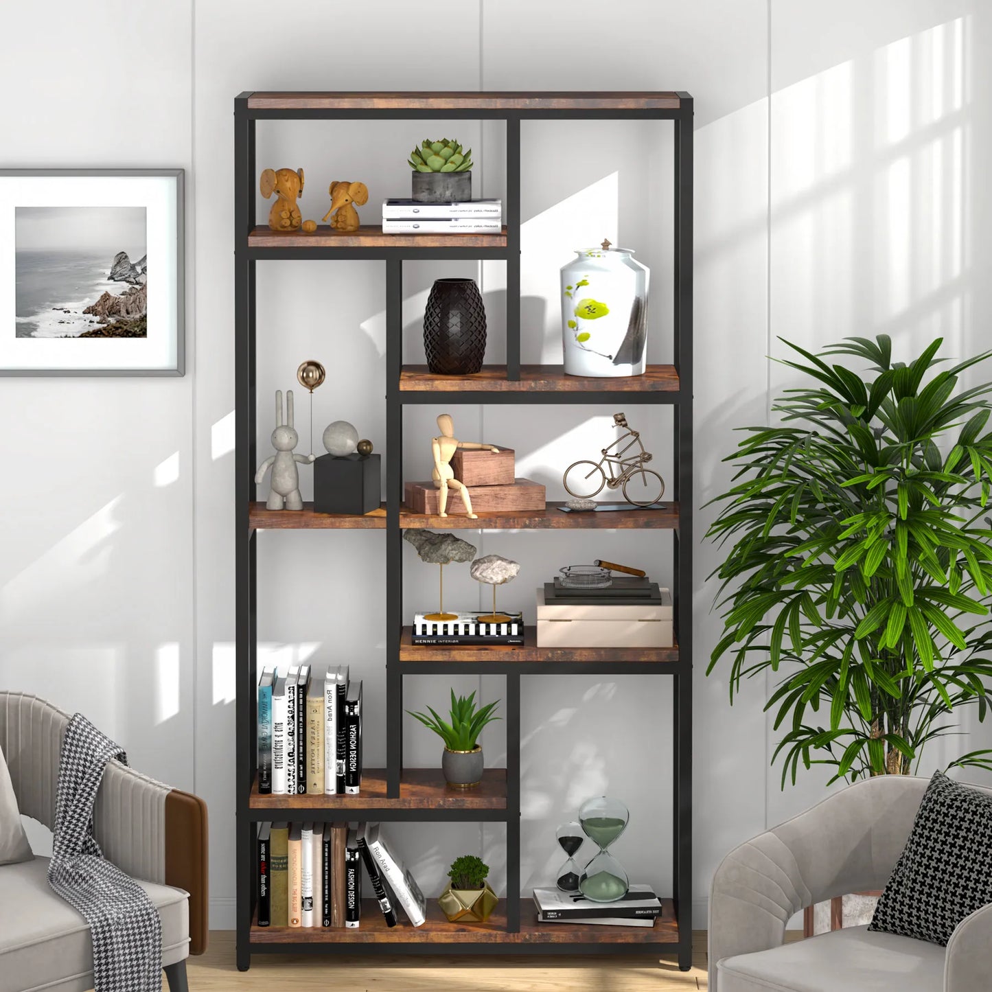 Tribesigns Modern 8-Tier Staggered Bookcase -, Wide Wood Etagere Shelving Unit