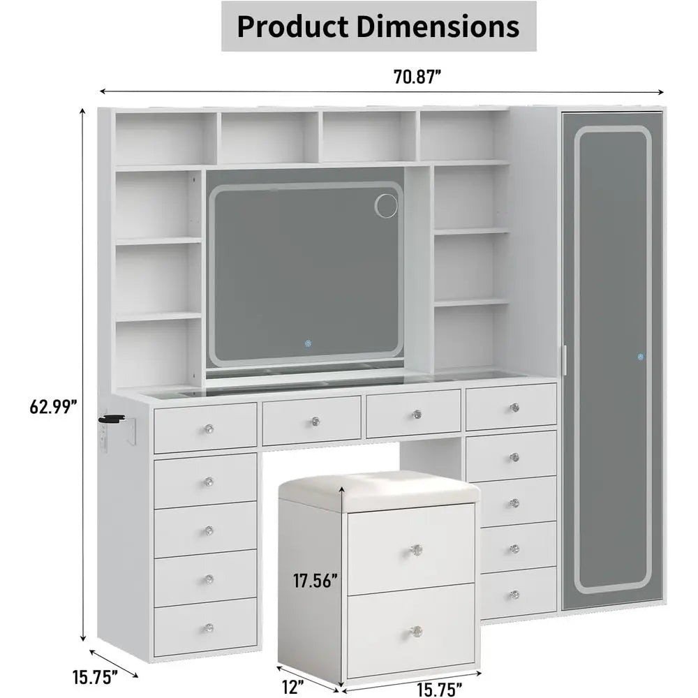 LED-Illuminated Makeup Vanity Desk with 14 Drawers, 10 Shelves, and Hidden Storage, White
