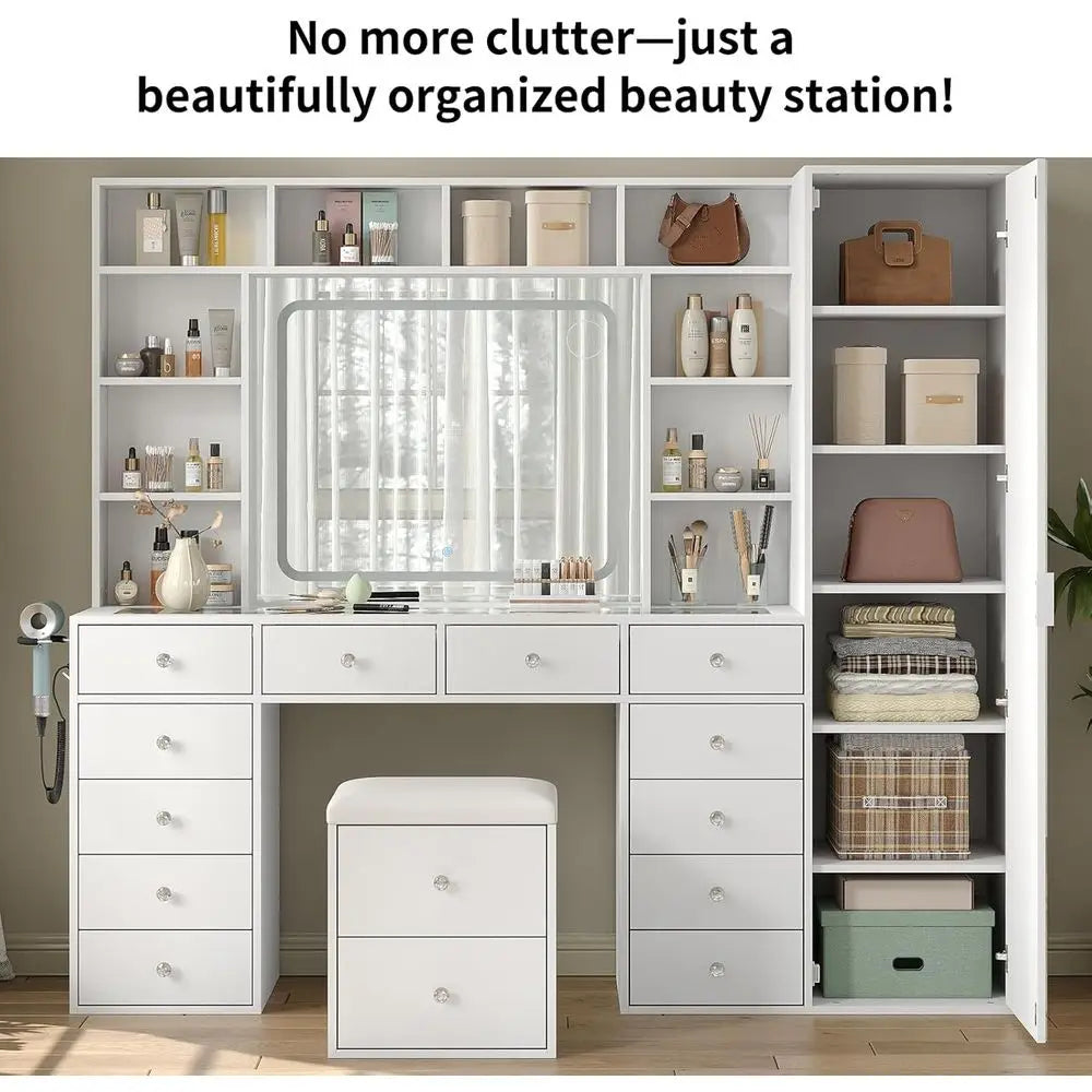 LED-Illuminated Makeup Vanity Desk with 14 Drawers, 10 Shelves, and Hidden Storage, White