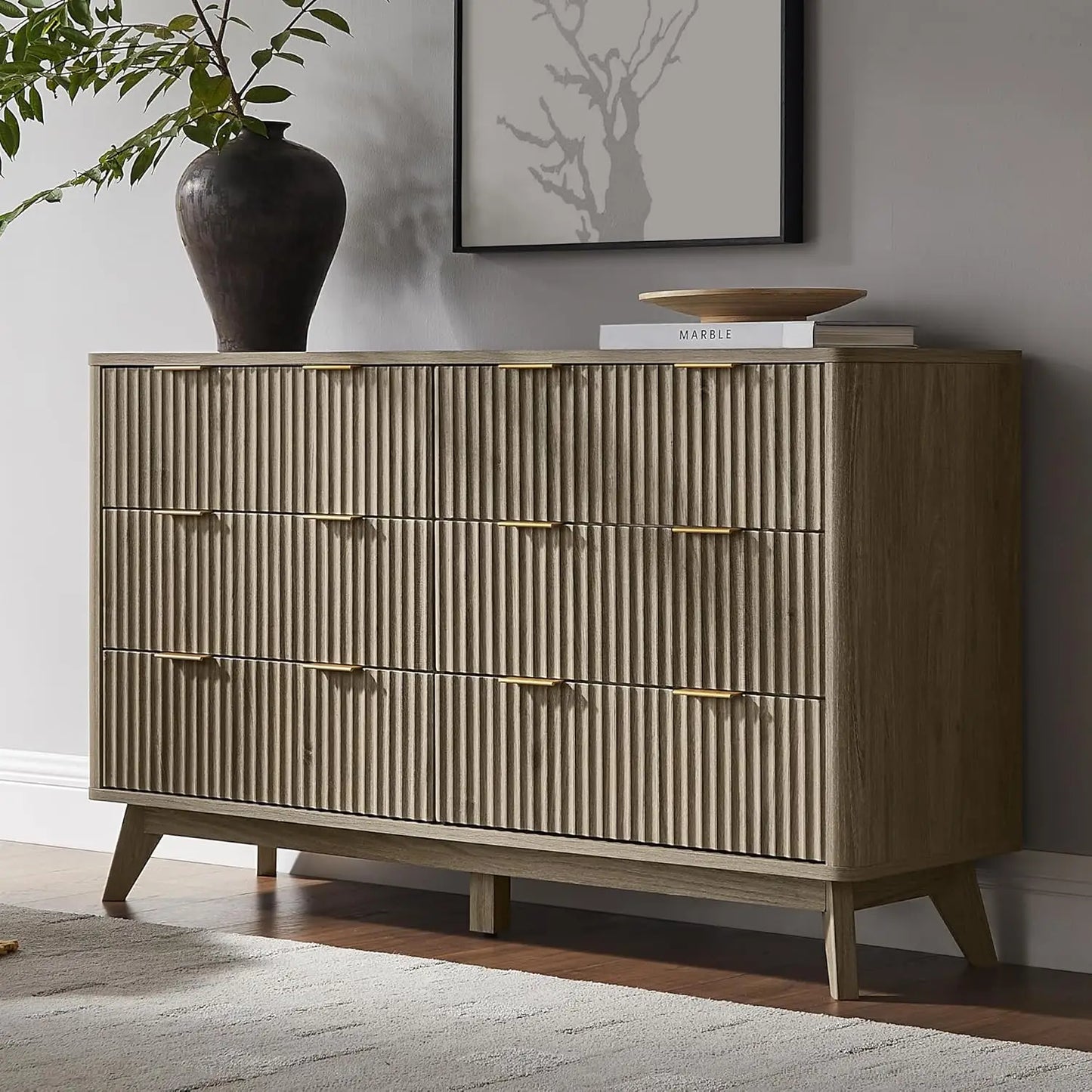 Fluted 6 Drawers Dresser, 54" Wide Modern Chest of Drawers with Faux Marble Top, Curved Profile Design, Dresser TV, Customized