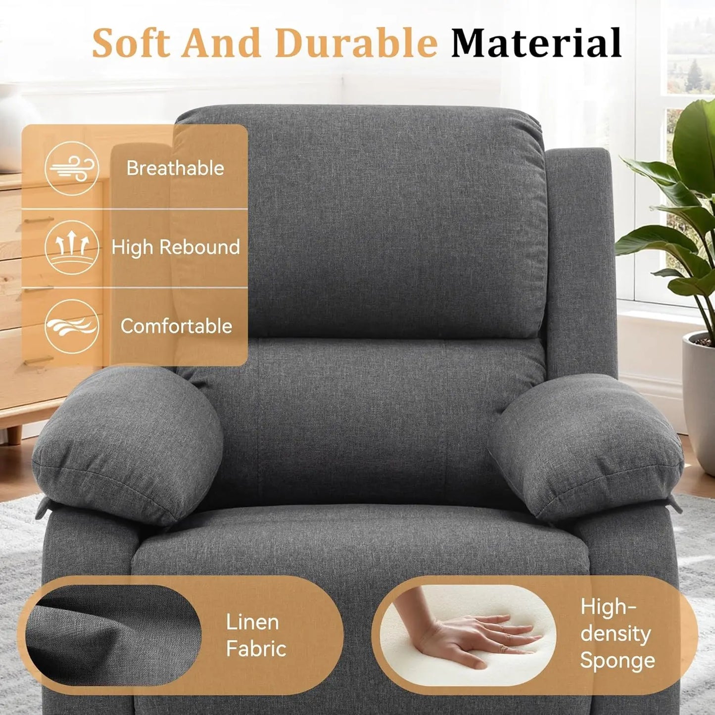 360 Swivel Rocker Recliner Chair for Adults, Small Space Fabric Glider with Tool-Free Assembly