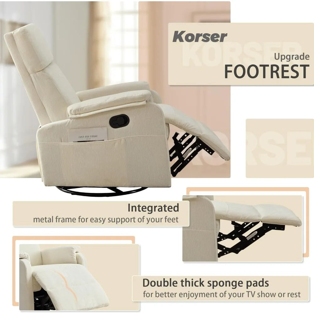 Swivel Rocking Recliner Chair, 360° Rotating Glider with Footrest, Chenille Fabric, Beige for Living Room Nursery