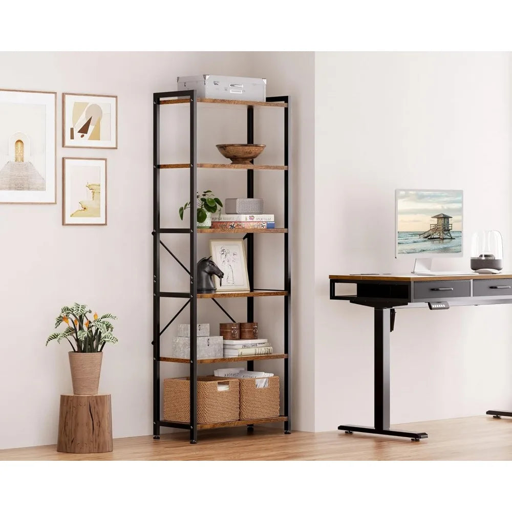 Book Shelf, 6 Tier Tall Bookshelf, Modern Wood Bookcase Shelves for Bedroom, Industrial Display Shelf for Living Room Home Offi
