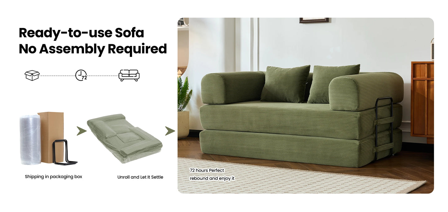 59’’ Convertible Sofa Bed Corduroy Upholstered Boneless Couch, Loveseat Fold Out Small Floor Sleeper for Living Room