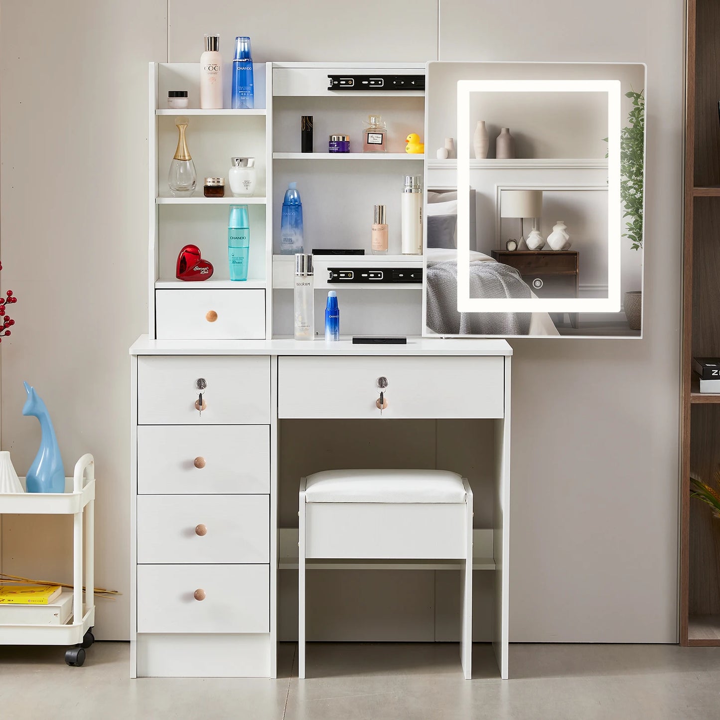 Teousev White Hollywood Vanity Set with Touch Control Dimmer LED Mirror 6 Drawers & Stool 3 Color Lighting Easy Assembly Bedroom