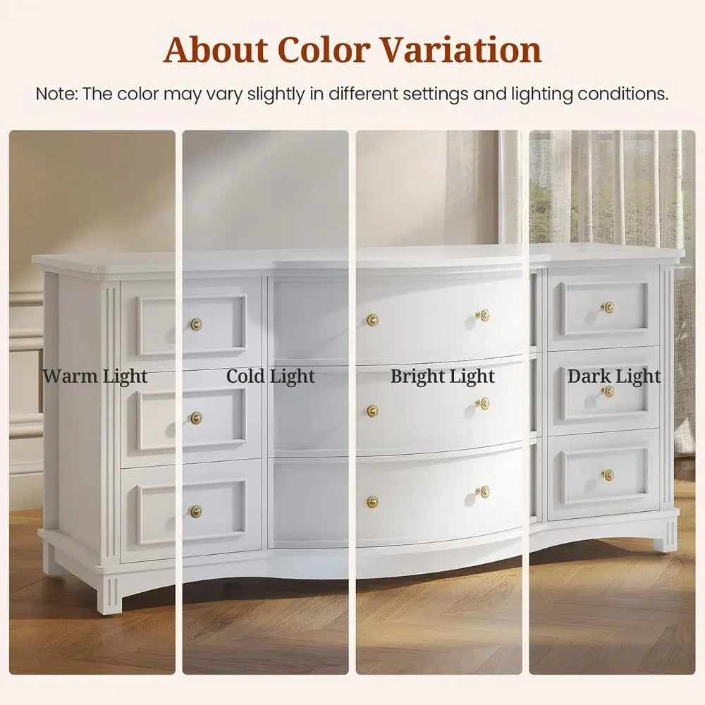 9-Drawer Wide Dresser with 3 Arc Fronts, Roman Columns, White, 55 Long for Bedroom Storage