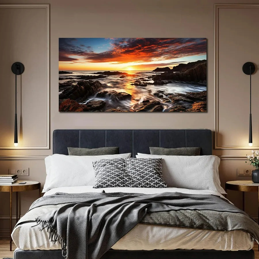 Large Natural Landscape Canvas Wall Art for Living Room, View of Ocean Sunset Panorama Wall-Decor Picture,59x29 Inches