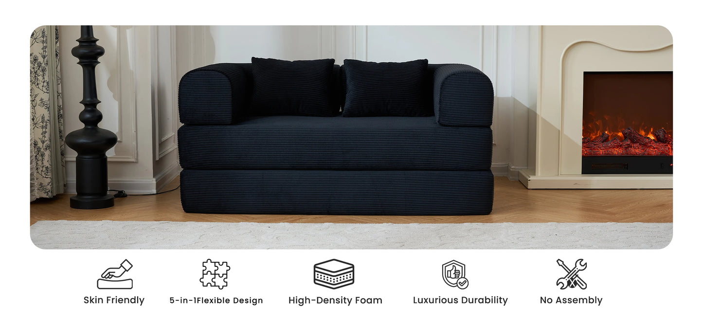 59’’ Convertible Sofa Bed Corduroy Upholstered Boneless Couch, Loveseat Fold Out Small Floor Sleeper for Living Room
