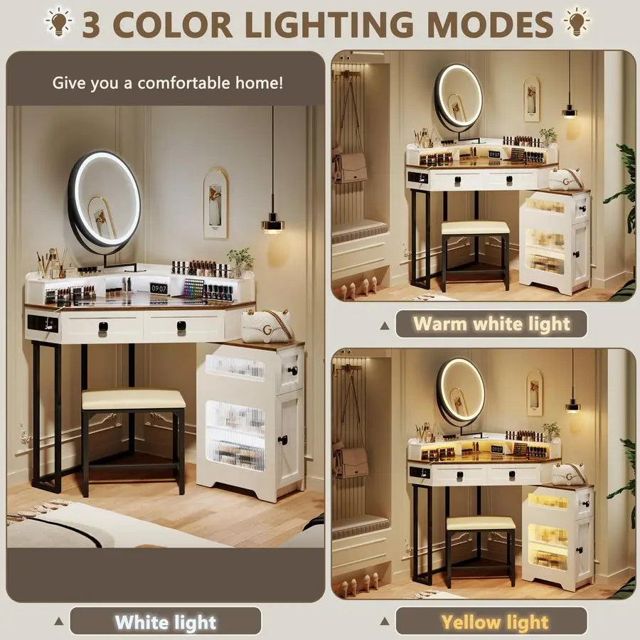 Corner Vanity with Mirror and Lights,Modern Makeup Vanity Set with Charging Station for Bedroom Cloakroom,Glass Top Vanity Table