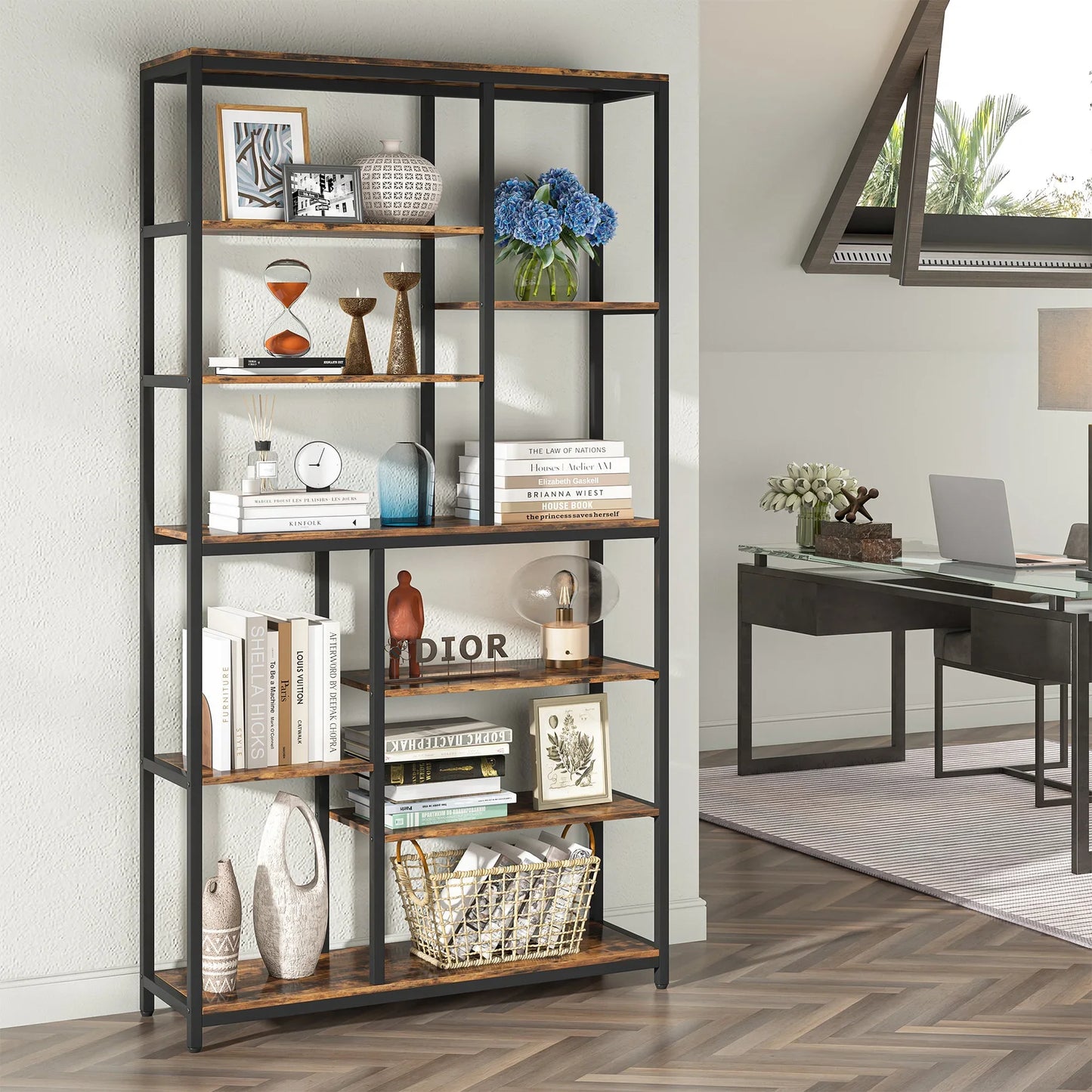 Tribesigns Modern 8-Tier Staggered Bookcase -, Wide Wood Etagere Shelving Unit