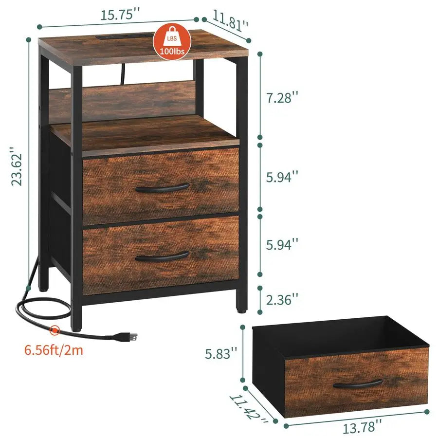Nightstand with Charging Station, Small Night Stand with Fabric Drawers and Storage Shelf for Bedrooms, Small Spaces, Bedside T
