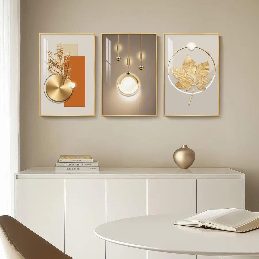Modern Luxury Gold Wall Art, Set of 3 Piece Contemporary Paintings Artwork for Walls, Golden Prints Pictures with Gold Frame, Wa