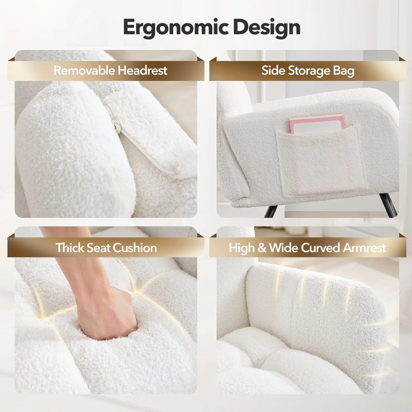 Nursery Rocking Chair Teddy Upholstered Glider Rocker Rocking Accent Chair Padded Seat with High Backrest Armchair Comfy SideCha