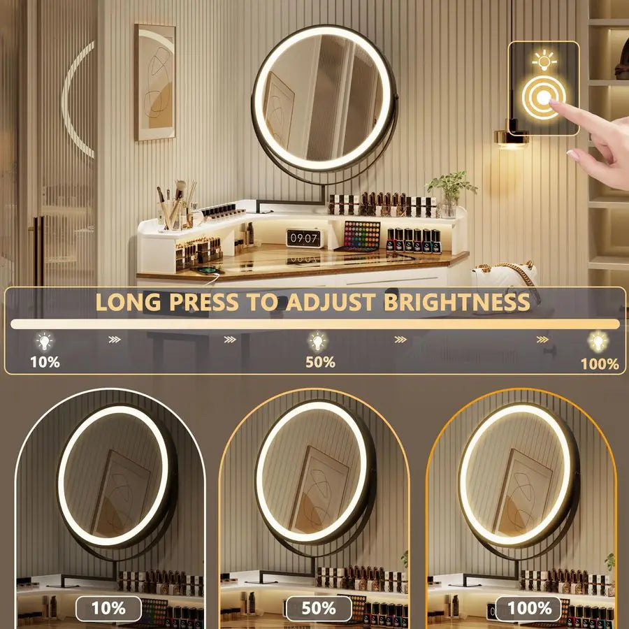 Corner Vanity with Mirror and Lights,Modern Makeup Vanity Set with Charging Station for Bedroom Cloakroom,Glass Top Vanity Table
