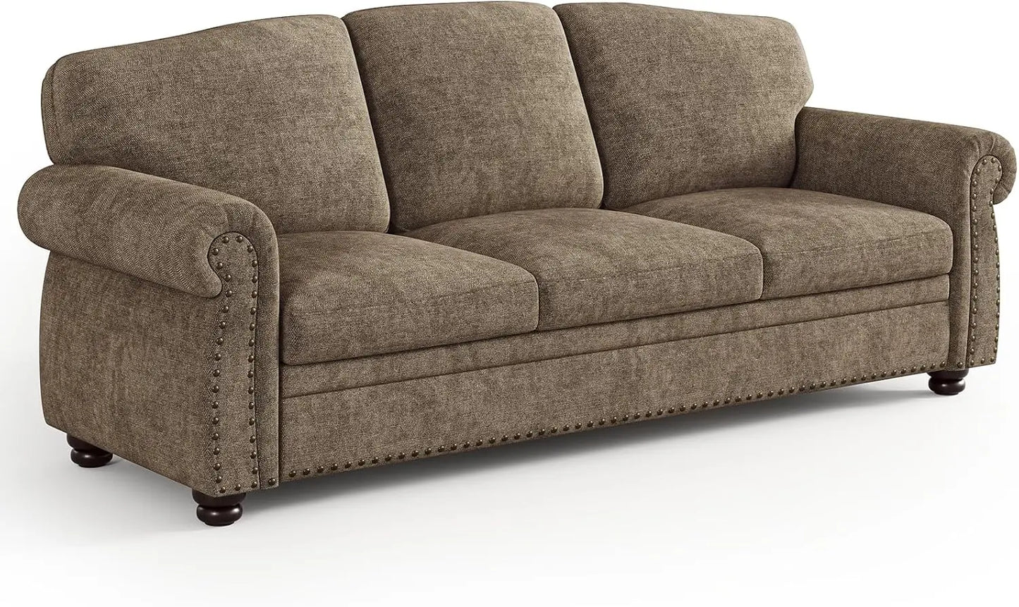 Nailhead Trim Couch for Living Room,Rolled Arm Sofa,Comfy Upholstered Chenille Couch w/Wooden Leg,Traditional Sofa,Customized