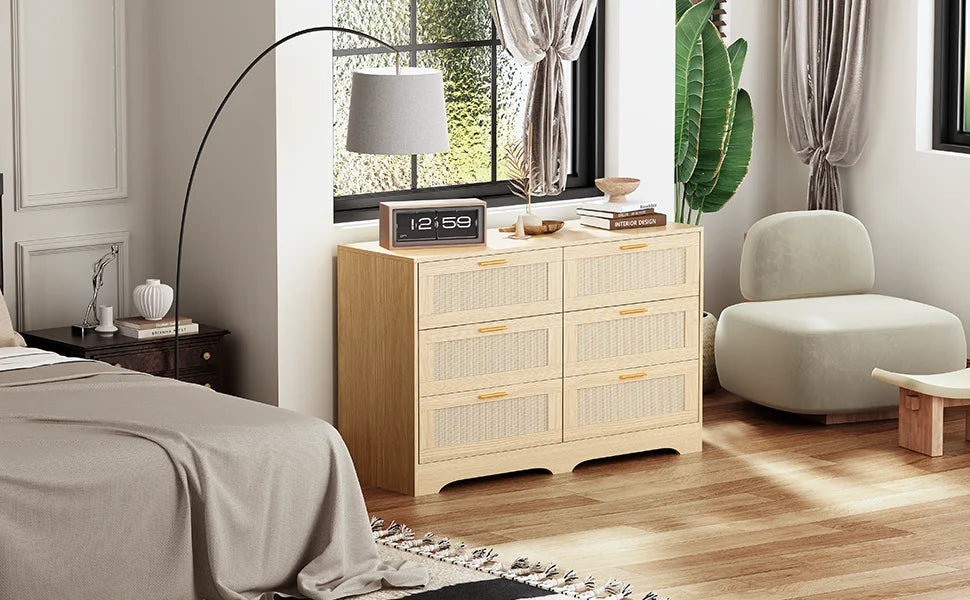 REDLIFE 47.24" Rattan Dresser with 6 Drawers ,Modern Chest Wood Storage Closet w/ Golden Handles for Bedroom Living Room Hallway