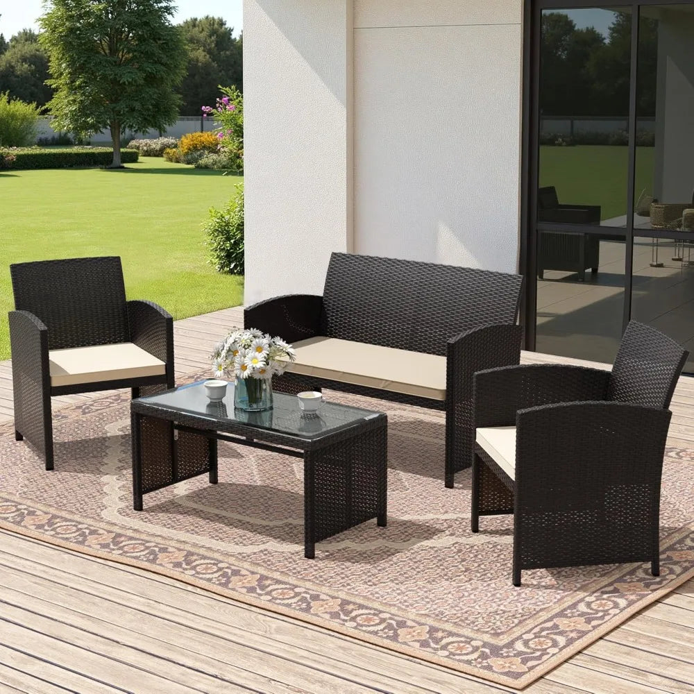 Premium 4-piece patio furniture set, wicker conversation set with 2 rattan chairs 1 loveseat 1 coffee table removable seat cushi