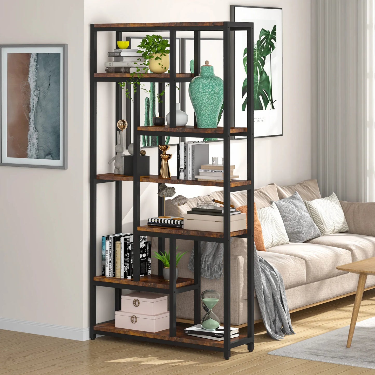 Tribesigns Modern 8-Tier Staggered Bookcase -, Wide Wood Etagere Shelving Unit