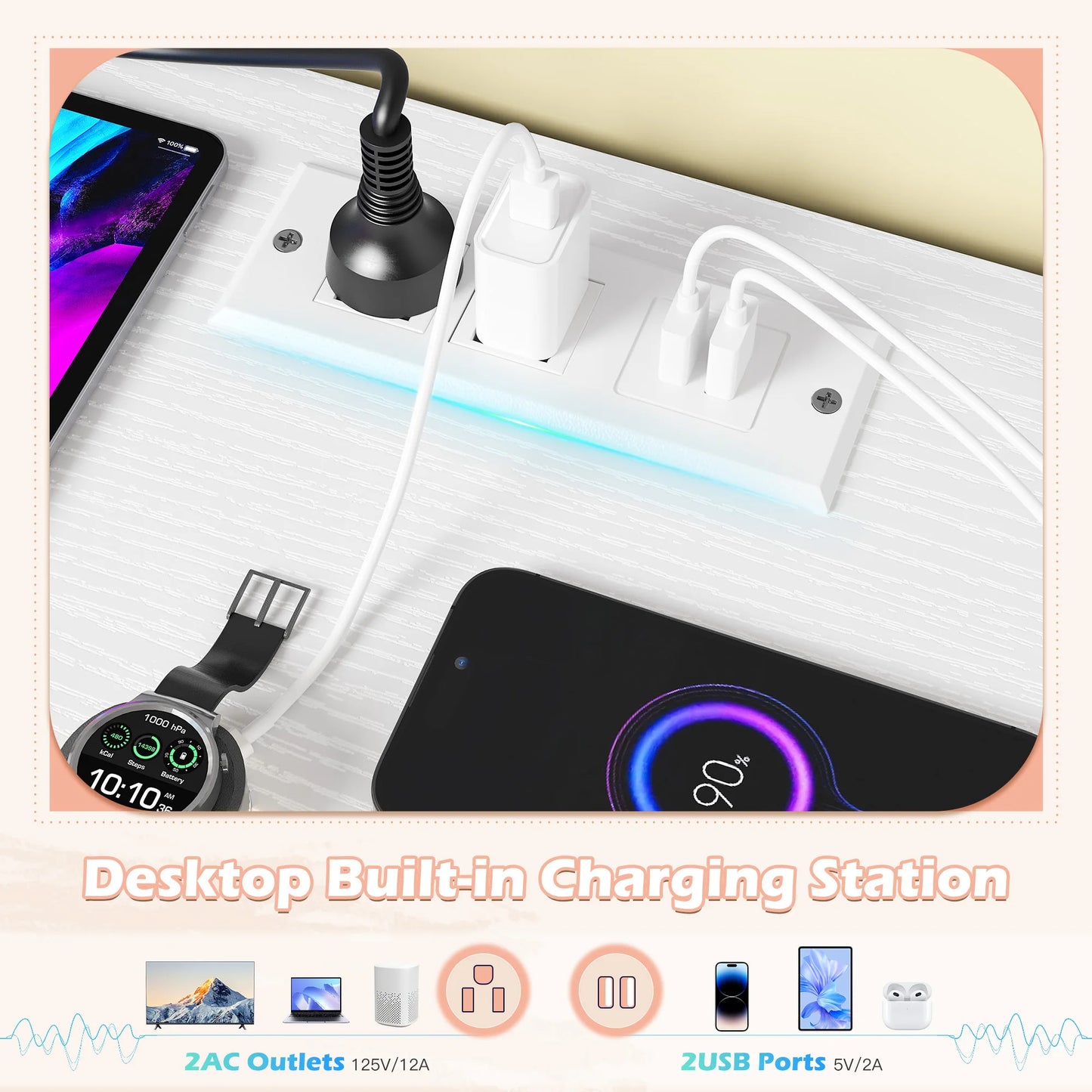 8-Drawer Media Dresser with LED Lighting & Built-in Charging Station - Fabric Storage Cabinet for 55" TVs, Ideal for Bedroom