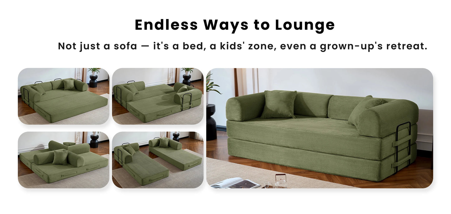 79’’ Folding Convertible Sofa Bed Corduroy Upholstered Boneless Couch, Loveseat Sleeper Floor Sofa for Living Room Bedroom
