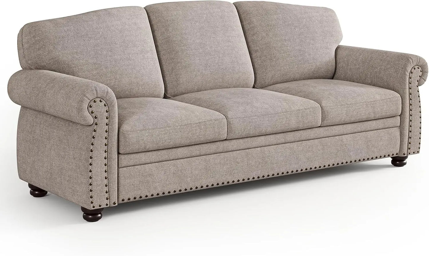 Nailhead Trim Couch for Living Room,Rolled Arm Sofa,Comfy Upholstered Chenille Couch w/Wooden Leg,Traditional Sofa,Customized
