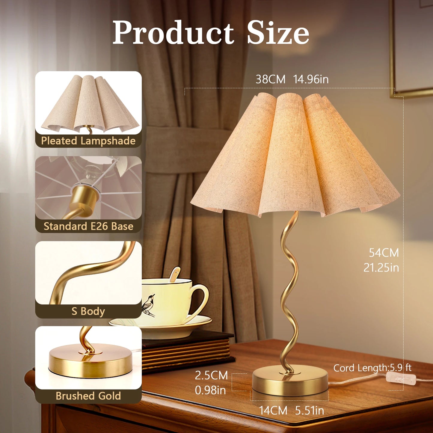 Gold Modern Table Lamp, Scalloped Pleated Desk Lamps Wavy Lamp for Bedside, Bow Table Lamps for Kitchen Counter, Nightstand Deco