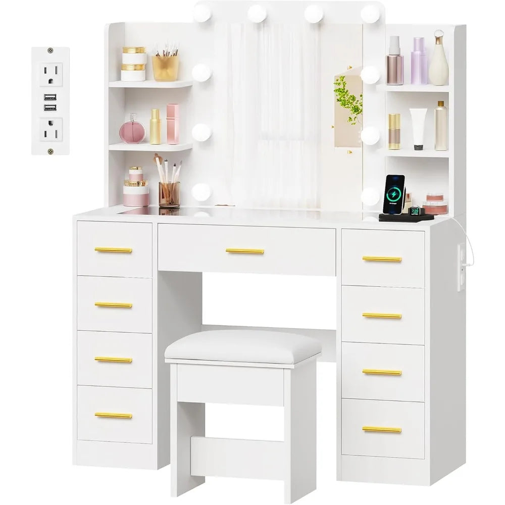illuminated makeup vanity desk with glass top, 9 drawers, and power outlet for styling