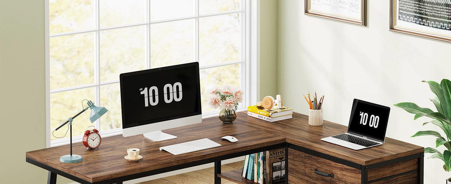L-Shaped Computer Desk with 3 Drawers,Home Office Desk with Shelves, 53-Inch Industrial PC Desk for Small Space, Rustic Brown