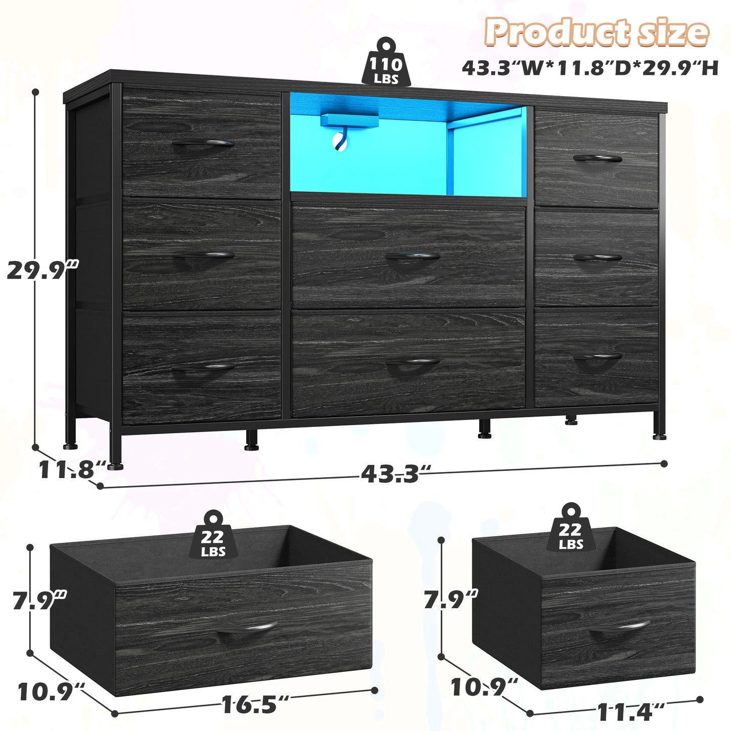 8-Drawer Media Dresser with LED Lighting & Built-in Charging Station - Fabric Storage Cabinet for 55" TVs, Ideal for Bedroom