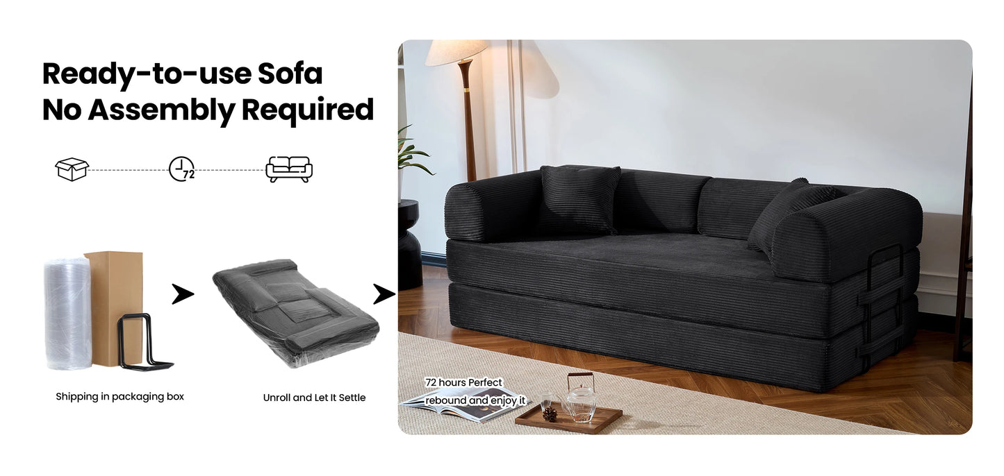 79’’ Folding Convertible Sofa Bed Corduroy Upholstered Boneless Couch, Loveseat Sleeper Floor Sofa for Living Room Bedroom