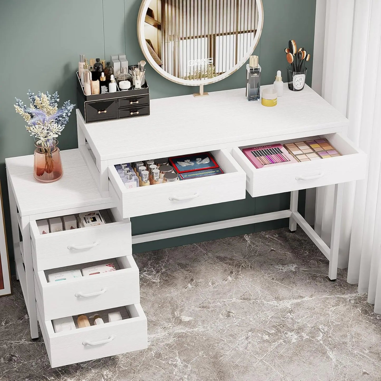 Vanity Desk with 5 Drawers, Makeup Vanity Table Dressing Table with Side 3-Drawer Chest, Make Up Vanities for, Customized