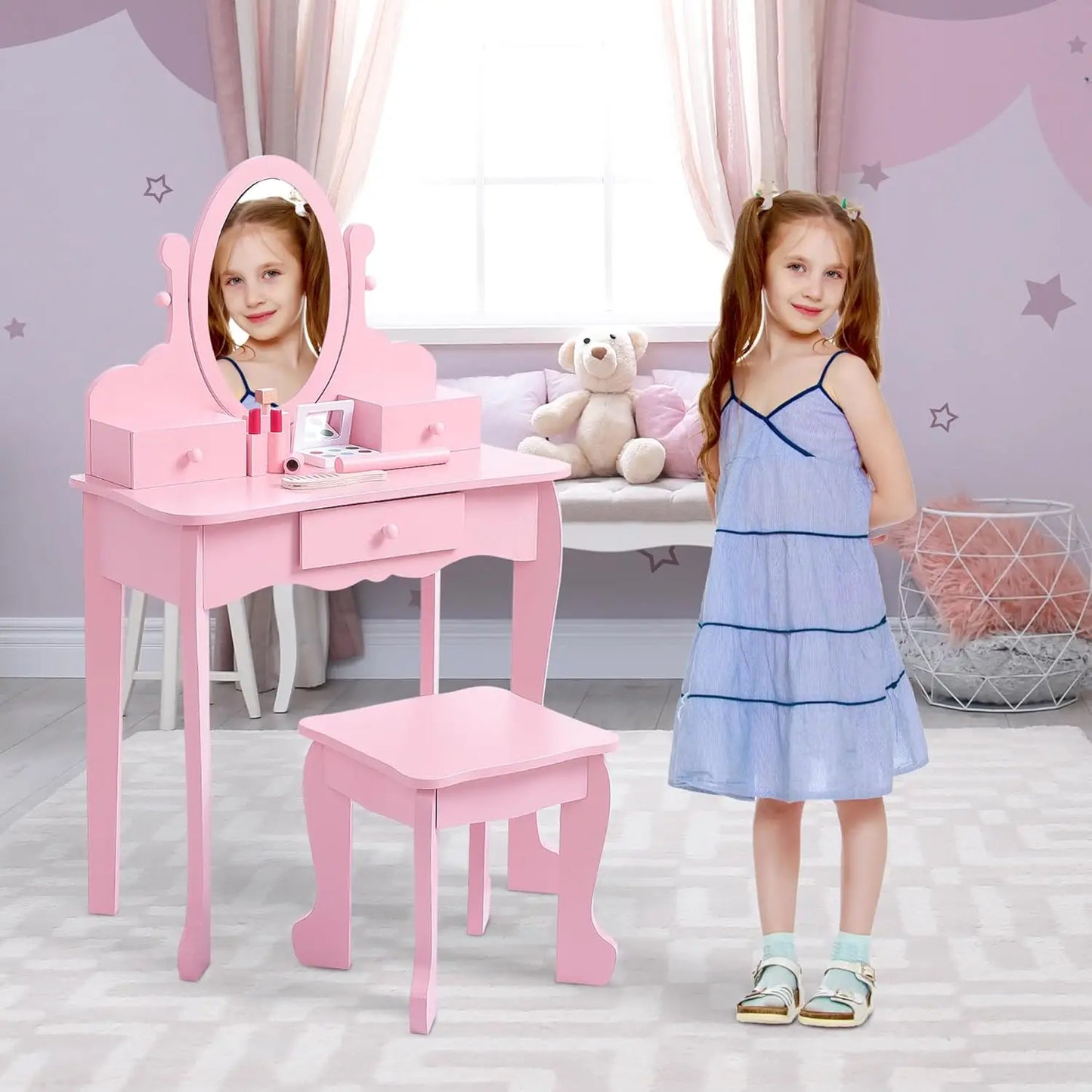 Kids' Vanity Set with Mirror, Makeup Table and Stool for Girls, Vanity Desk and Chair with Wood Makeup Playset for 4-9 Girls