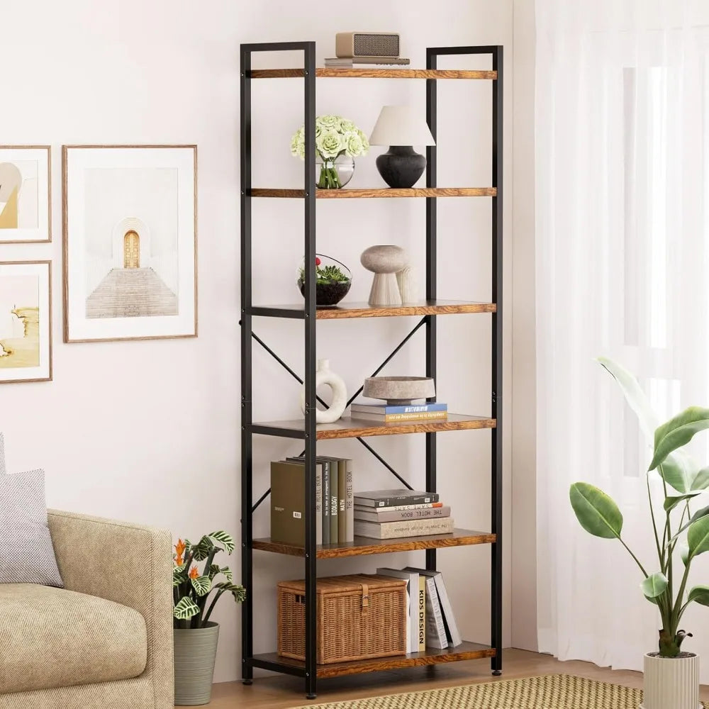 Book Shelf, 6 Tier Tall Bookshelf, Modern Wood Bookcase Shelves for Bedroom, Industrial Display Shelf for Living Room Home Offi
