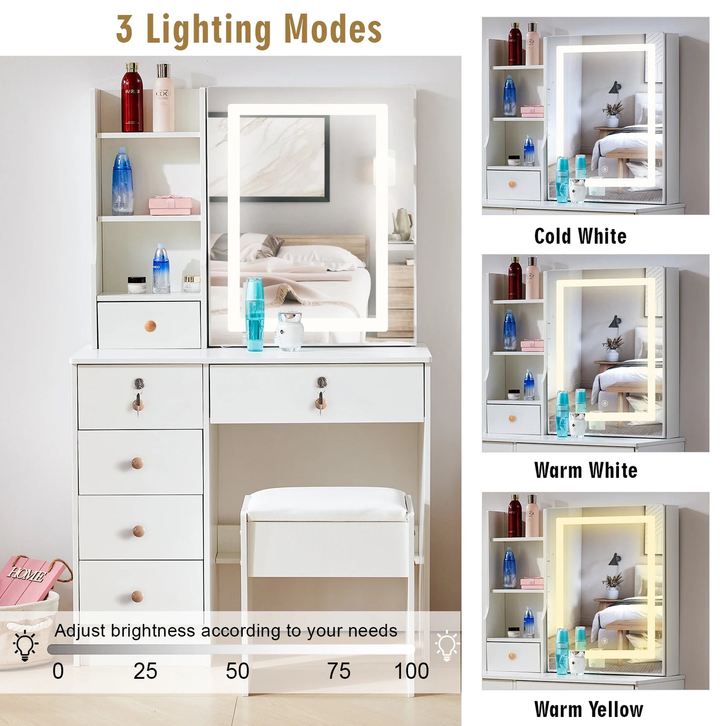 Teousev White Hollywood Vanity Set with Touch Control Dimmer LED Mirror 6 Drawers & Stool 3 Color Lighting Easy Assembly Bedroom