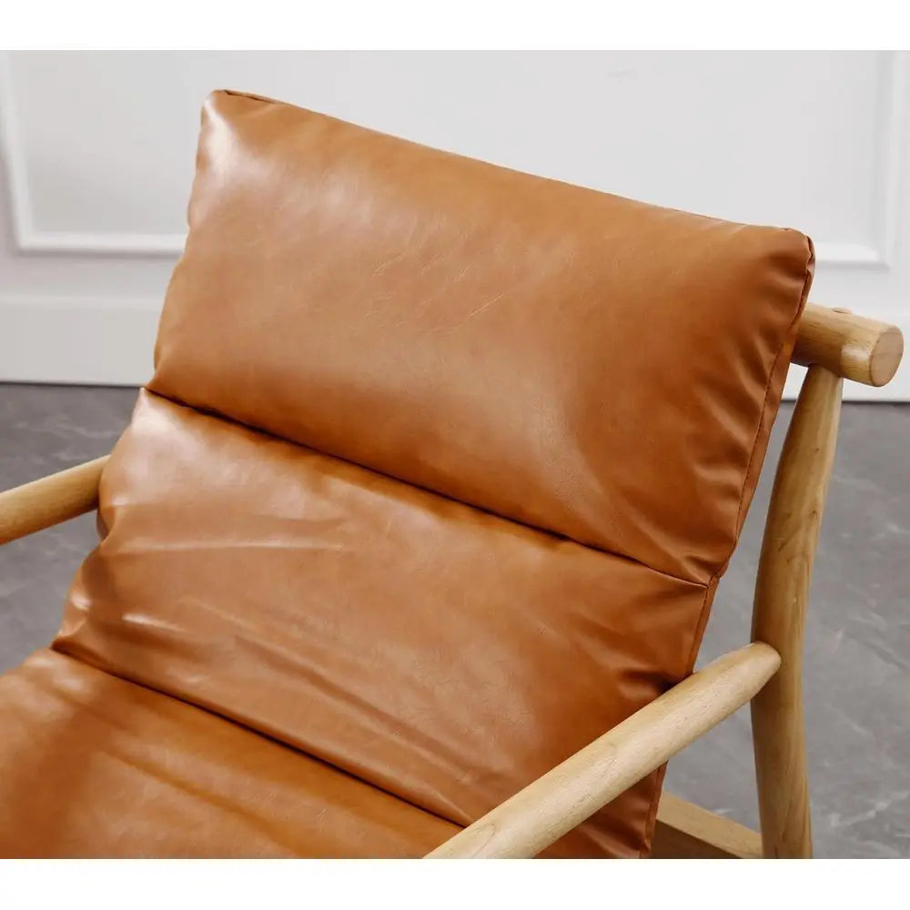 Mid-Century Modern Faux Leather Armchair, Comfortable Wood Frame Lounge Chair for Living Room, Cozy Recliner in Brown
