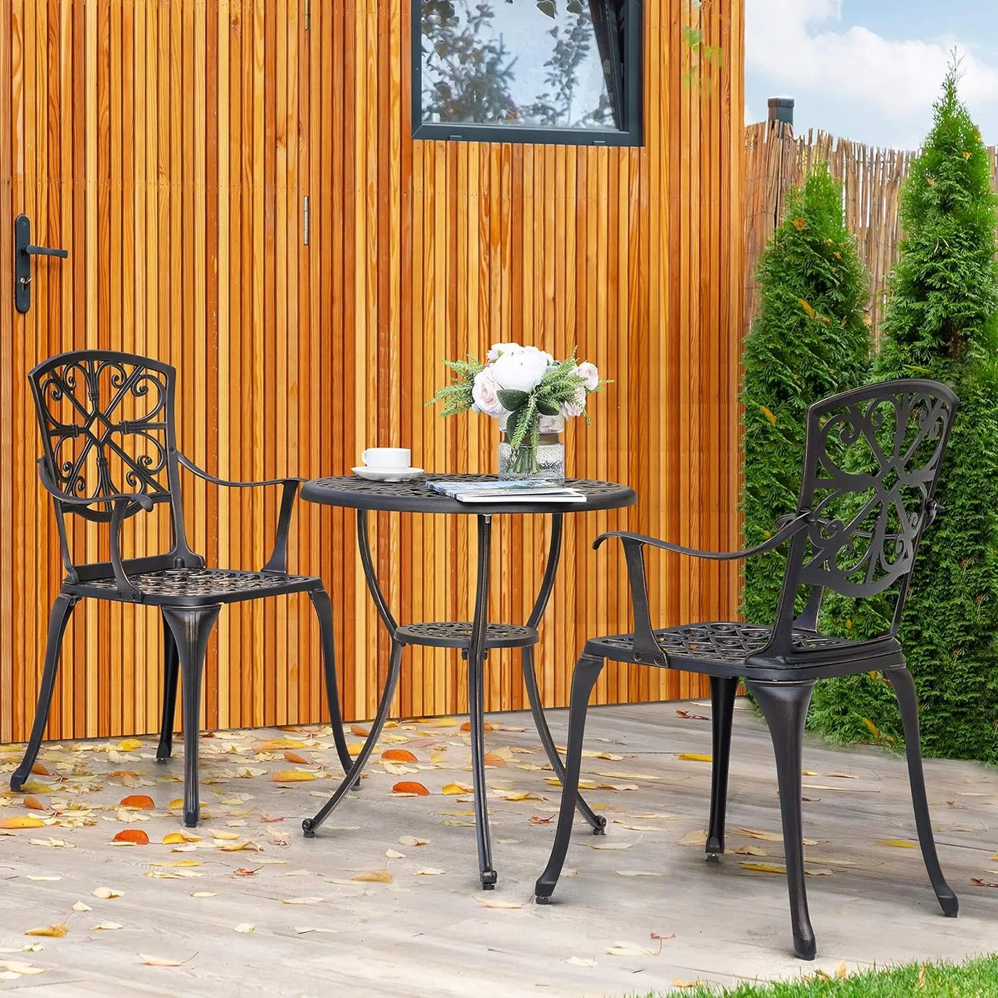 3 Piece Outdoor Bistro Set Cast Aluminum Patio Set Bistro Table Set Rustproof Patio Table and Chairs with Umbrella, Customized