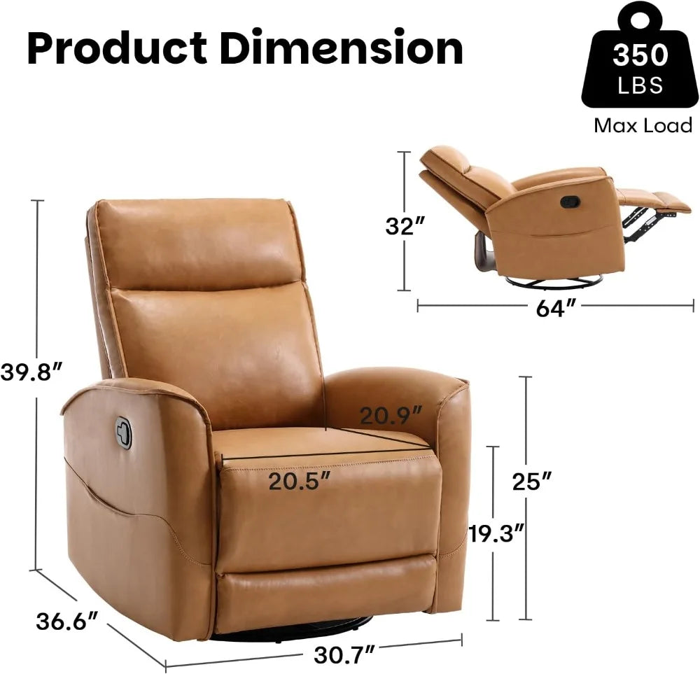 Leather Recliner Chair with 360° Swivel, Rocker Glider for Nursery, Living Room, Small Spaces - Brown
