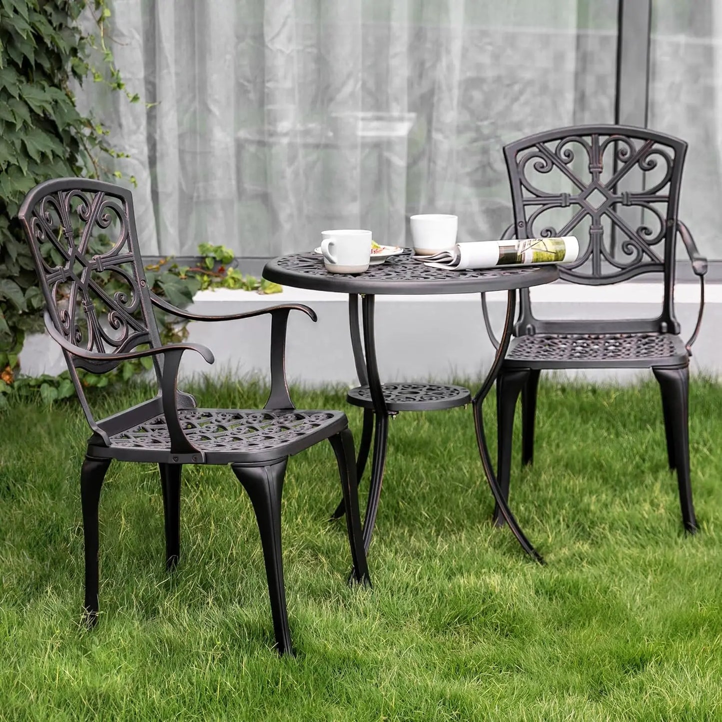3 Piece Outdoor Bistro Set Cast Aluminum Patio Set Bistro Table Set Rustproof Patio Table and Chairs with Umbrella, Customized