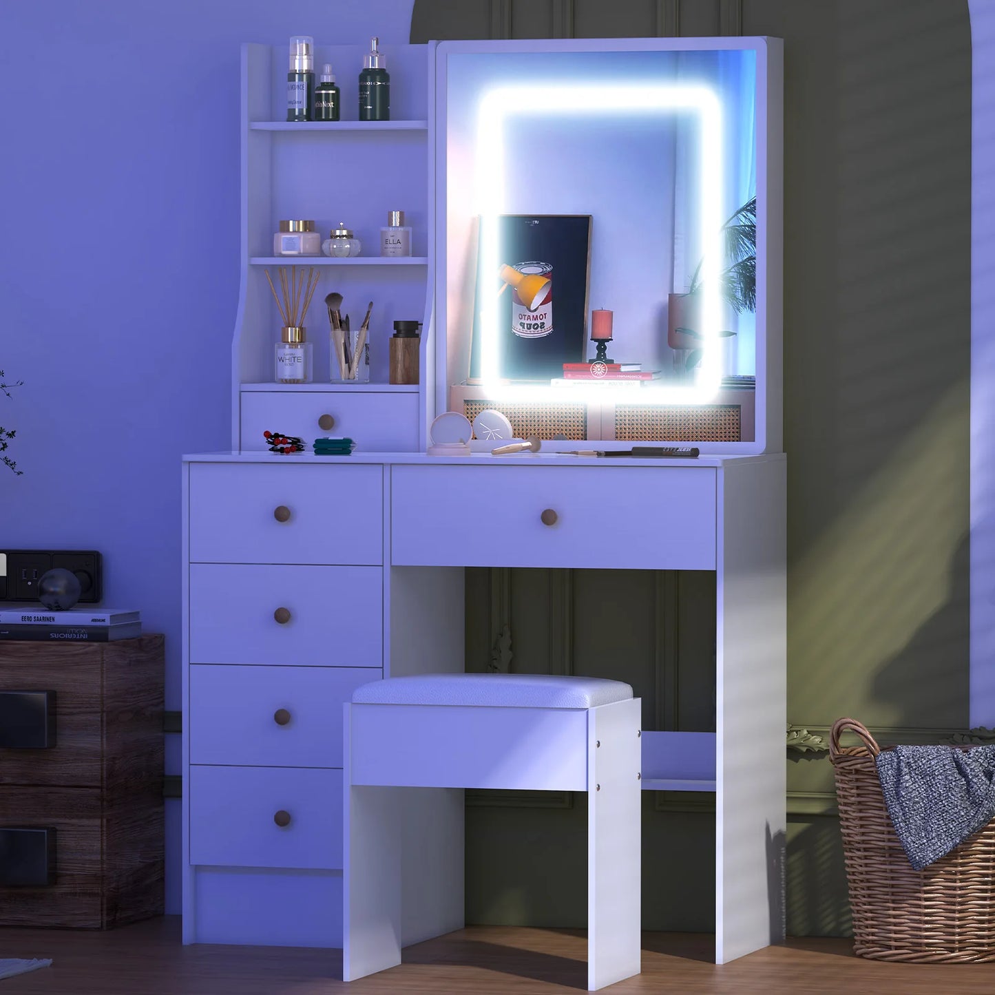 Teousev White Hollywood Vanity Set with Touch Control Dimmer LED Mirror 6 Drawers & Stool 3 Color Lighting Easy Assembly Bedroom