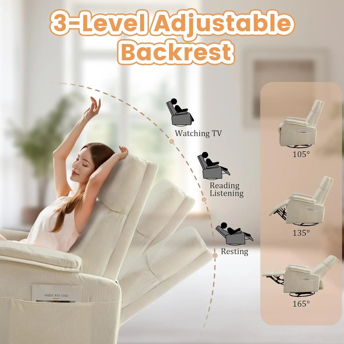 Swivel Rocking Recliner Chair, 360° Rotating Glider with Footrest, Chenille Fabric, Beige for Living Room Nursery