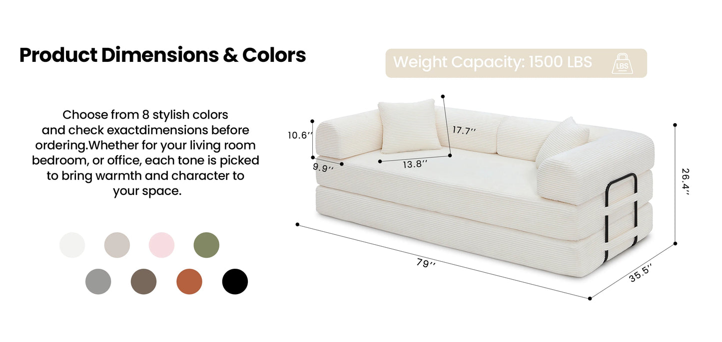 79’’ Folding Convertible Sofa Bed Corduroy Upholstered Boneless Couch, Loveseat Sleeper Floor Sofa for Living Room Bedroom