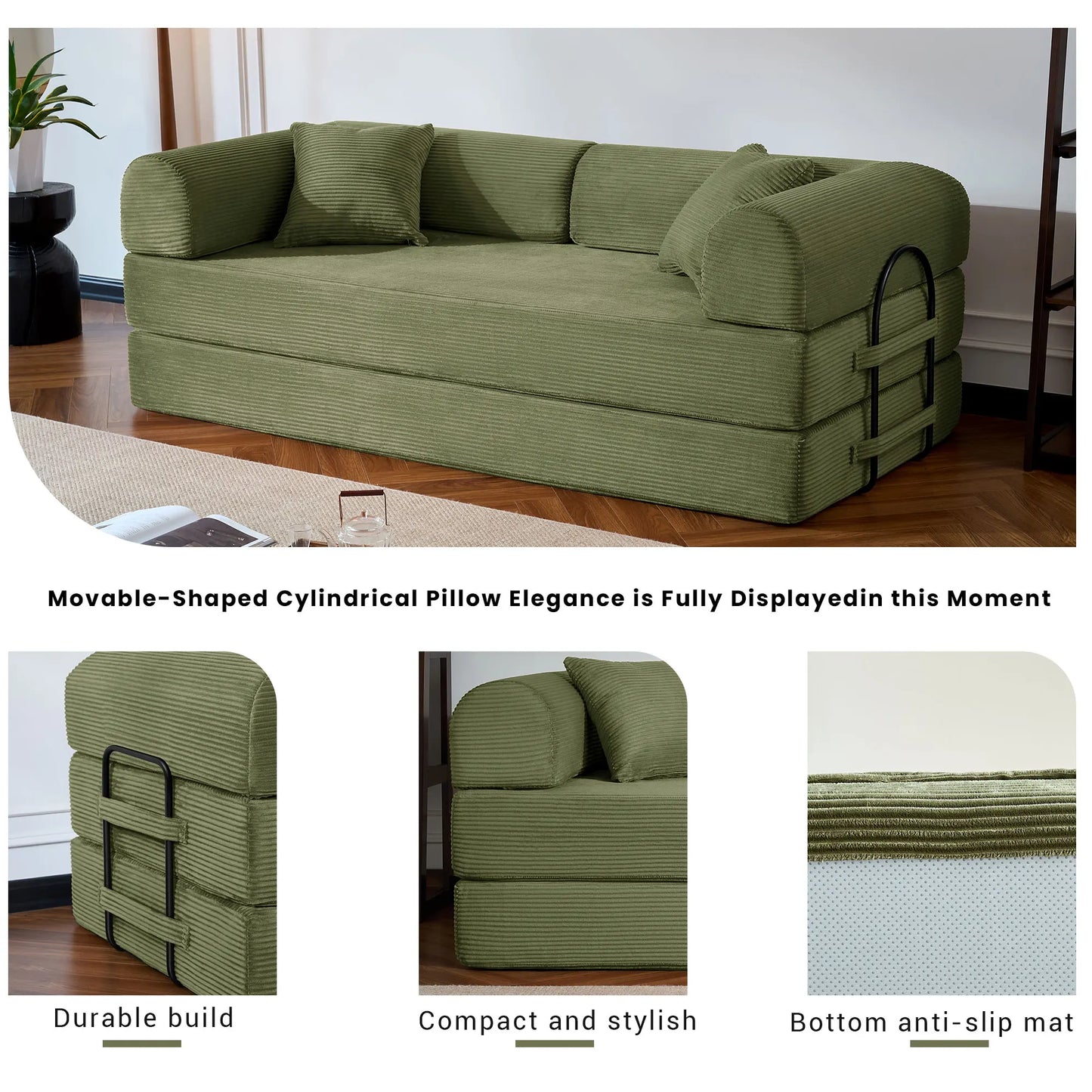 79’’ Folding Convertible Sofa Bed Corduroy Upholstered Boneless Couch, Loveseat Sleeper Floor Sofa for Living Room Bedroom