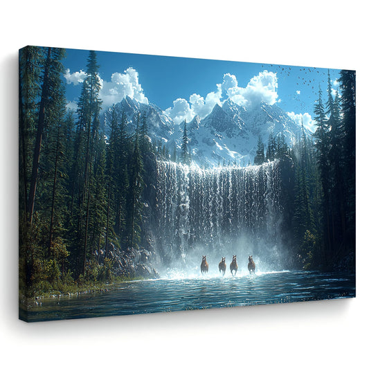 [1pc Mountain Waterfall Canvas Painting] 1pc Wedding, Birthday, Bachelor Party Wall Art Print, Mountain Waterfall and Horses Sce