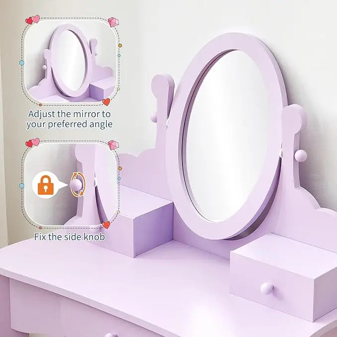 Kids' Vanity Set with Mirror, Makeup Table and Stool for Girls, Vanity Desk and Chair with Wood Makeup Playset for 4-9 Girls