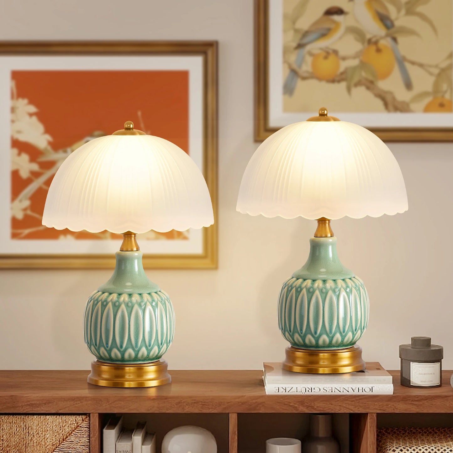 Vintage Lamp for Living Room,16" Modern Ceramic Table Lamps for Bedroom,Retro Bedside Nightstand Traditional Lamps,Classic Chino